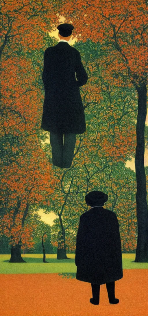 Image similar to Philosopher walking in the park on an Autumn day at sunset by Rene Magritte. Leaves falling. Shadows.