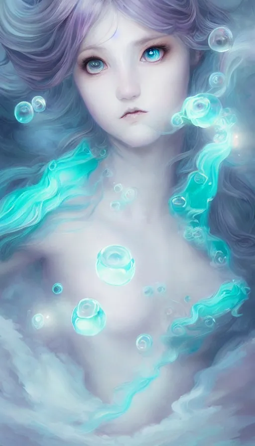 Prompt: portrait of magical ghost girl, ethereal , cloudy, transparaît, gradient white cyan, dreamy and ethereal, (colour) eyes, peaceful expression, ornate frilly dress, fantasy, intricate, elegant, rainbow bubbles, highly detailed, digital painting, artstation, concept art, smooth, sharp focus, illustration, art by artgerm and greg rutkowski and alphonse mucha