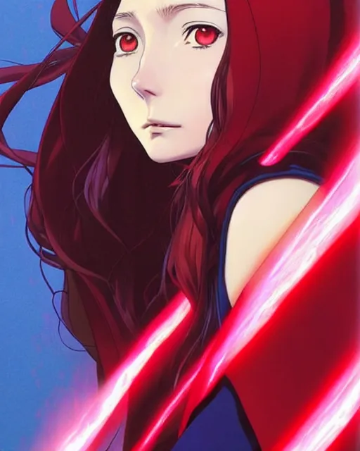 Image similar to Anime as Elizabeth Olsen playing Scarlet Witch || cute-fine-face, pretty face, realistic shaded Perfect face, fine details. Anime. realistic shaded lighting poster by Ilya Kuvshinov katsuhiro otomo ghost-in-the-shell, magali villeneuve, artgerm, Jeremy Lipkin and Michael Garmash and Rob Rey as Scarlet Witch in New York cute smile