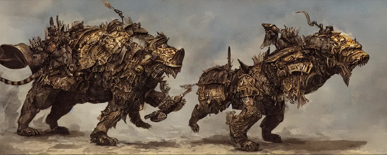 Image similar to painting of an armored Bear mounted on a sabre-tooth tiger.