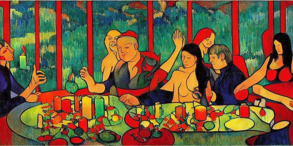 Prompt: a party at midnight, modern indoors, bay area, candles, hot tub, friendship, hope, art by paul gaugin