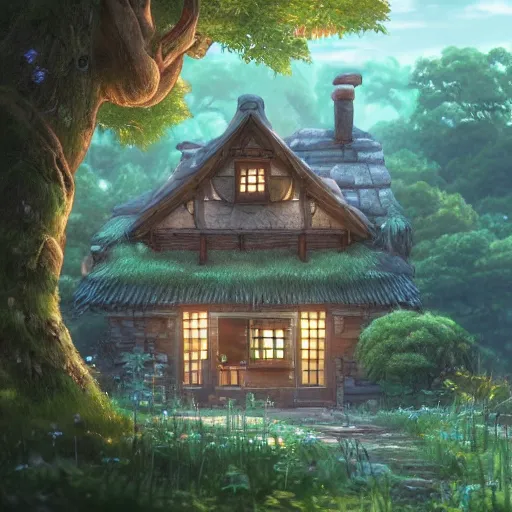 Image similar to beautiful house on a forest path, beautiful ancient trees, hiding large treasure chest, serene evening atmosphere, soft lens, soft light, cel - shading, animation, in the style of cgsociety, deviantart, artstation, zbrush, cinema 4 d, studio ghibli, akihiko yoshida, atelier lulua, masamune shirow, mcbess