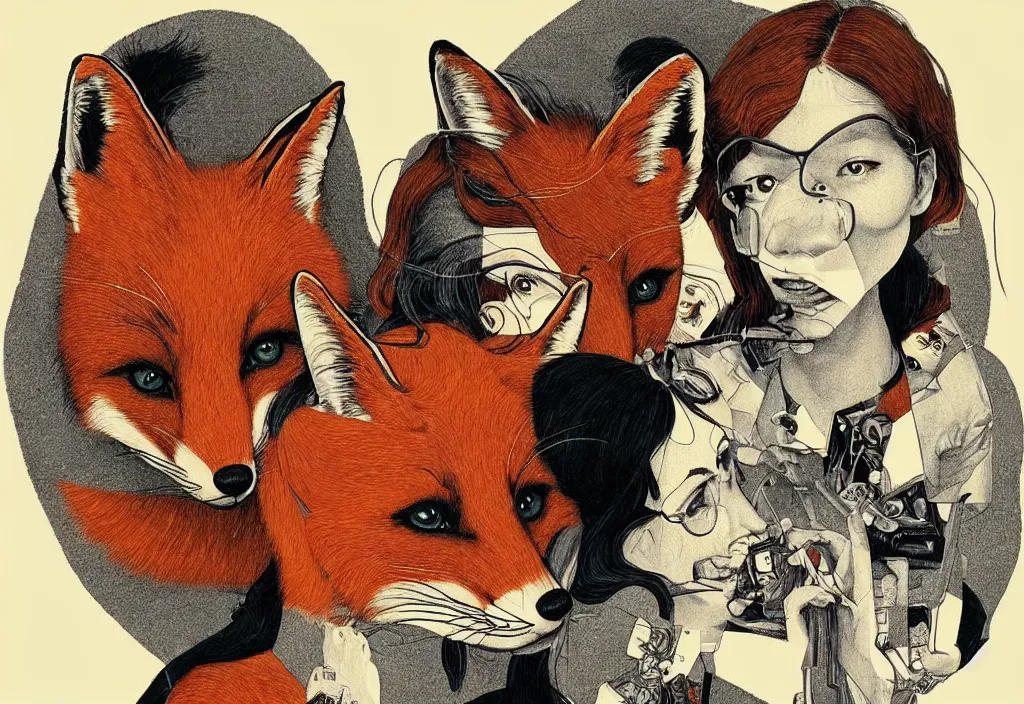 Image similar to portrait of a fox and a ( nerdy ) woman enveloped in yarn thinking of ( seventies art horror ) movies about death and chaos, by norman rockwell, pixar, studio ghibli, toei, mc escher, intricate line work, beautiful, complete light occlusion, hyper realism, trending on pinterest, artstation 8 k