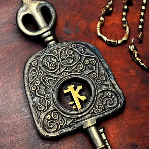 Prompt: a large ornate key with gems and engraved runes, on a rough wooden dungeon table, torchlit, d & d, photo