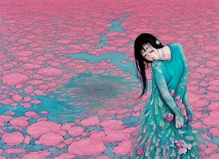 Image similar to lee jin - eun in luxurious flowery dress emerging from pink and turquoise water in salar de uyuni with the ground reflecting the aurora borealis by takato yamamoto, james jean, conrad roset, ruan jia, martine johanna, rule of thirds, elegant look, beautiful, chic, face anatomy, cute complexion