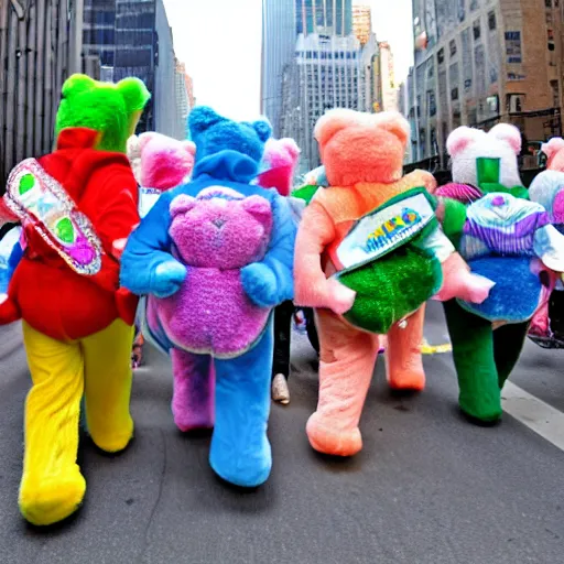 Image similar to a parade of stuffed care bears marching down 5 th ave manhattan on st. patrick's day, 8 k, photo realistic, extremely life like