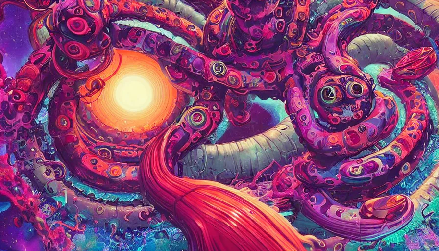 Image similar to portrait of an acid lsd psychedelic octapus.masterpiece artwork. interdimensional, by Tooth Wu, wlop, beeple, dan mumford. octane render, trending on artstation, greg rutkowski very coherent symmetrical artwork. cinematic, hyper realism, high detail, octane render, 8k, iridescent accents