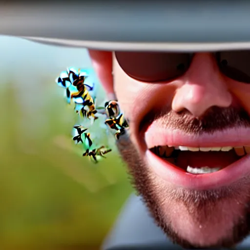 Image similar to photograph of bees crawling out of a smiling mans mouth, 8k resolution, high detail, ULTRA REALISTIC VFX, reflections