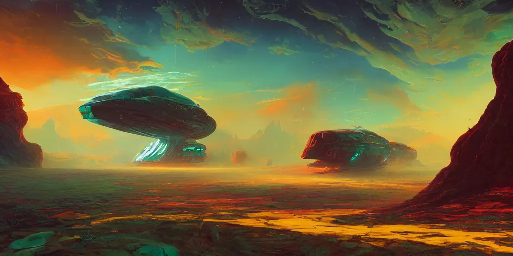 Image similar to look on my works ye mighty and despair, a highly detailed cinematic oil painting by roger dean and alena aenami, crashed spaceship!!, dynamic lighting