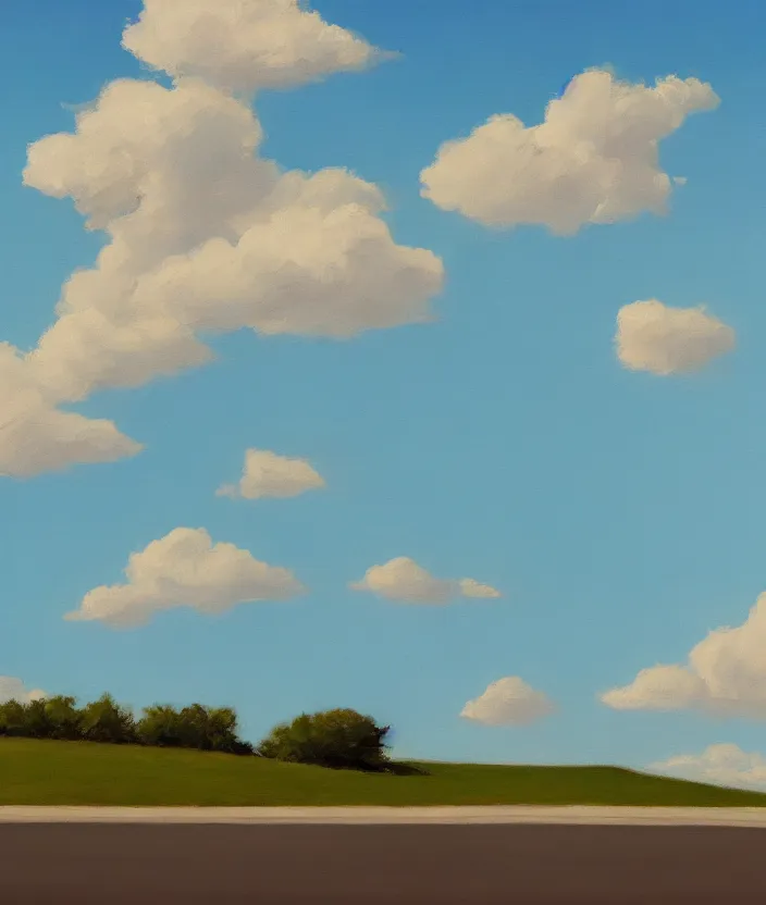 Prompt: baby blue sky with very aesthetic stylized puffy clouds, in the style of edward hopper, very fine brushstrokes, 4 k,