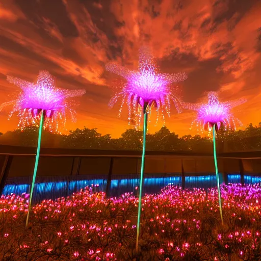 Prompt: electroluiniscent flower blooming at twilight, glow, wide-angle lens, beautiful, intricate, noctilucent, landscape, glowing neon, unreal engine