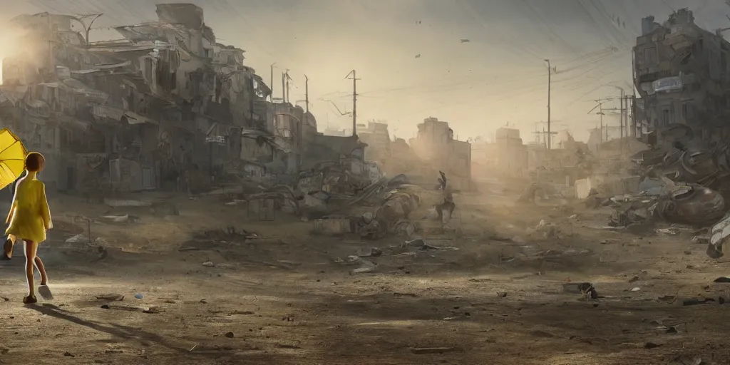 Prompt: incredible wide screenshot, ultrawide, simple watercolor, rough paper texture, backlit distant shot of girl in a parka running from a giant robot invasion side view, yellow parasol in deserted dusty junk town, broken vending machines