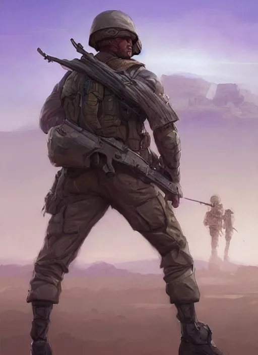 Prompt: purple lighting, detailed character concept illustration, strong muscular mature soldier in a soldier uniform, desert with city in the background, sharp focus, illustration, highly detailed, digital painting, concept art, matte, art by wlop and artgerm and greg rutkowski, masterpiece