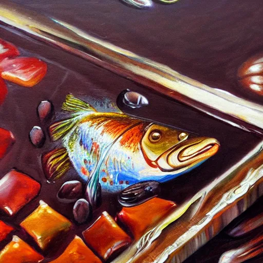 Prompt: a detailed oil painting of a fish above a chocolate bar