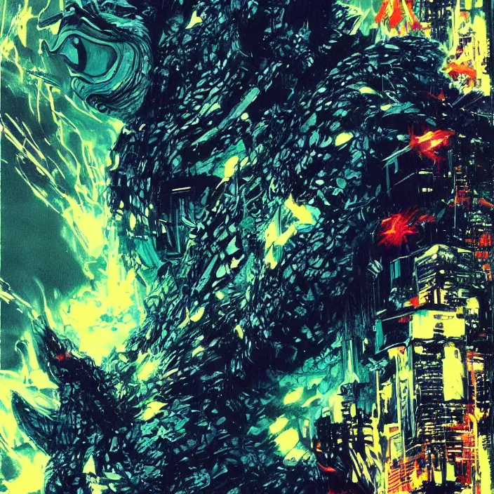 Prompt: godzilla _ painting, glowing lights by greg ruthowski yoshikata amano _ yoji _ shinkawa _ alphonse _ murac _ collaborative _ artwork _ beautifully _ drawn