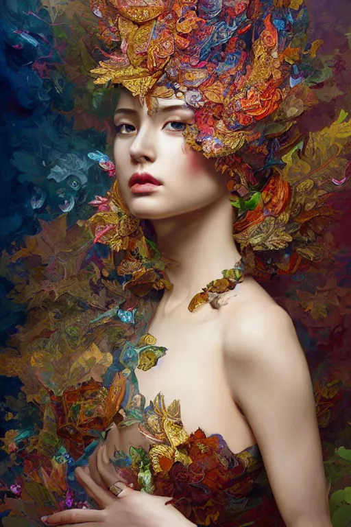 Image similar to a beautiful girl in intricate detailed color oilpaint, 3 d render, hyper realistic detailed portrait, flocking color leaves, ornate leaves headpiece, elegant, intense colors, ruan jia, wlop. scifi, fantasy, hyper detailed, octane render, concept art, by peter mohrbacher, by alphonse mucha, by wlop, by ruan jia