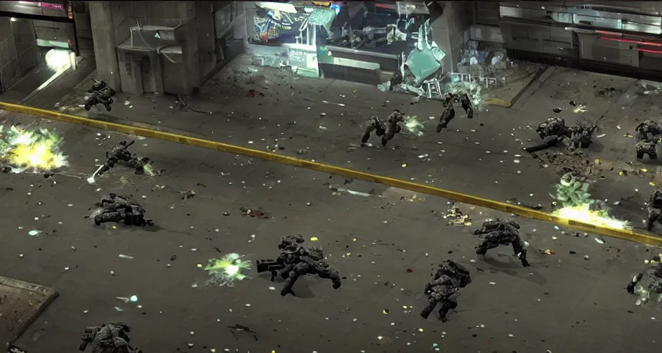 Prompt: 2011 Video Game Screenshot of Neo-tokyo Cyborg bank robbers vs police, Set inside of Parking Garage, Dark, Multiplayer set-piece Ambush, Tactical Squads :10, Police officers under heavy fire, Suppressive fire, Pinned down, Destructible Environments, Gunshots, Headshot, Bullet Holes and Anime Blood Splatter, :10 Gas Grenades, Riot Shields, MP5, AK45, MP7, P90, Chaos, Anime Machine Gun Fire, Gunplay, Shootout, :14 FLCL + Akira, Cel-Shaded:17, Created by Katsuhiro Otomo + Arc System Works + miHoYo: 20