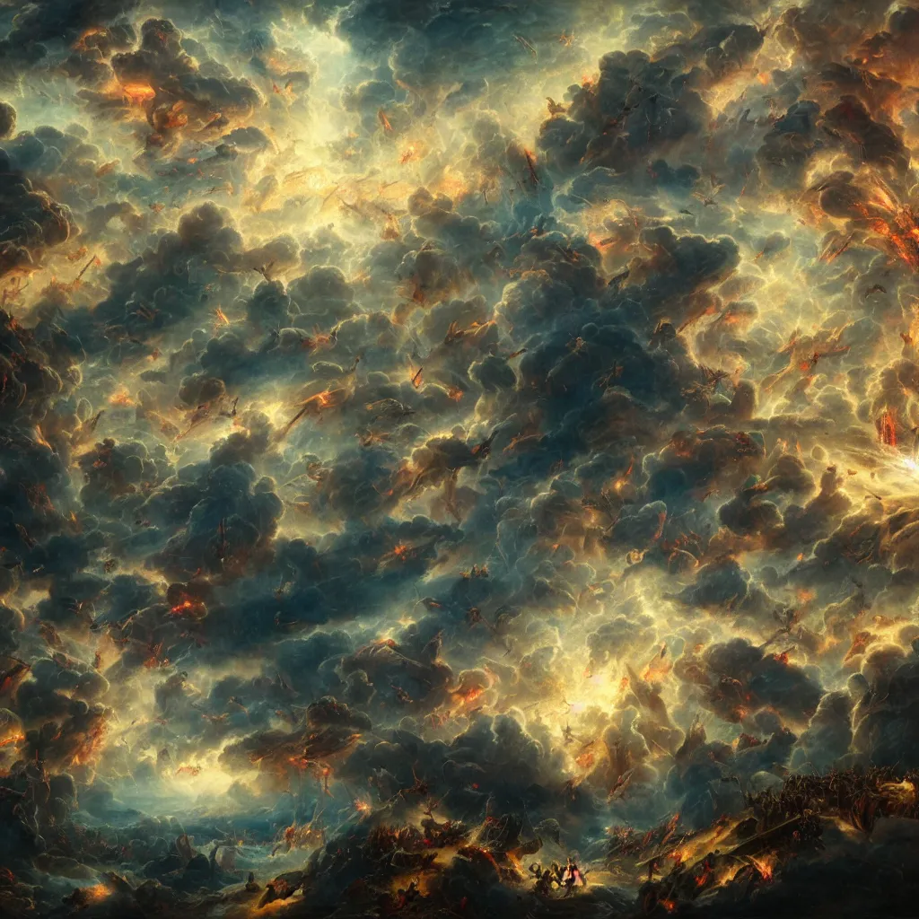 Prompt: hundreds of rebel angels falling from heaven as meterorites, epic lighting, disaster clouds, michael bay, john martin, apocalyptic