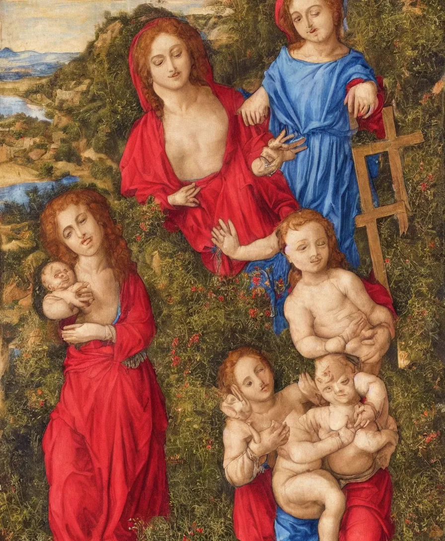 Image similar to Detailed Portrait of Madonna, curly red hair red shirt blue cloth, with infant Jesus, holding a thin cross and talking with another boy in front in the style of Raffael. They are sitting in a dried out meadow trees near Florence tuscany, red poppy in the field. The horizon is blue, there is a blue lake with a town and blue mountains. Flat perspective.