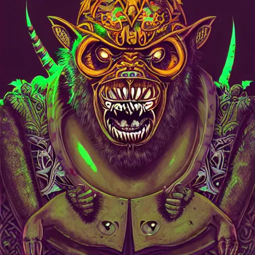 Image similar to barong family member, wiwek, bleeding fangs, crab claws, small horns, viking beard, mara demon, lizard tongue, one single tribe member, jungle, one single mask, dark neon sign lights, 8 0 s, ancient warrior, gorilla, tribals, art by dan mumford and justin gerard