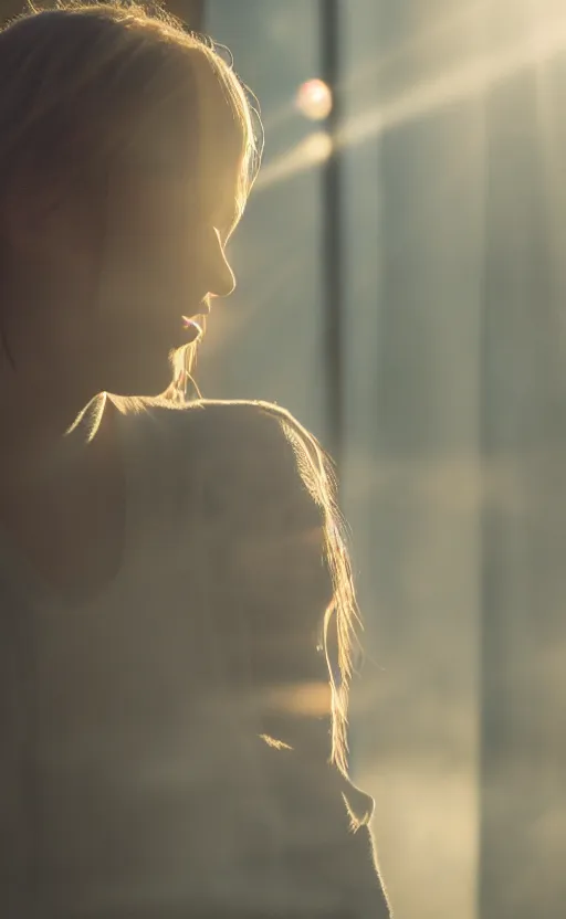 Prompt: sunlight study photography of emily skinner, looking like annie leonhart, standing next to a window illuminating her with god rays, volumetric fog, smoke, depth of field