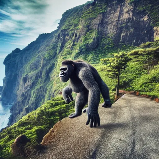 Image similar to king kong walking over madeira island, trampled, cinematic shot, realistic, hdr, color, wide shot, gigantic