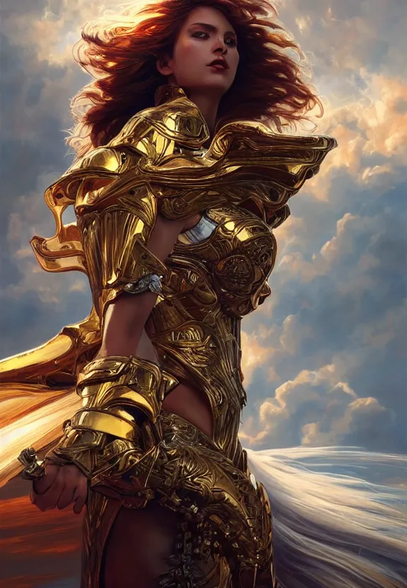 Prompt: A beautiful fierce angel wearing metallic battle armor and a flaming sword, among heavenly sunlit clouds, close-up shot, intricate, elegant, digital painting, golden hour, cinematic, trending on artstation, concept art, smooth, sharp focus, illustration, art by artgerm and Greg Rutkowski and Alphonse Mucha