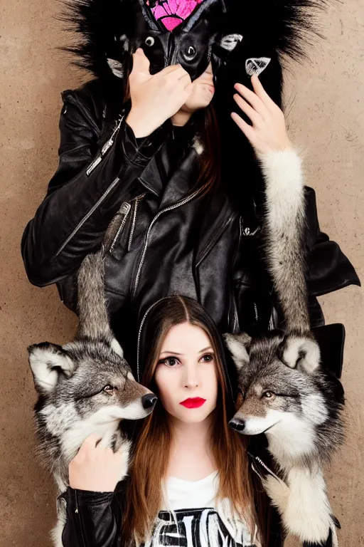 Prompt: professional photographic portrait of a punk girl in a leather jacket wearing a wolf's head over her face, fashion magazine shoot, cool punk with wolf on her head