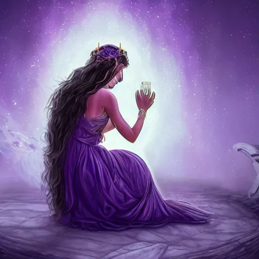 Prompt: a gorgeous woman with an extravagant purple dress kneels before an altar, praying with her head bowed down, illuminated by candlelight, angel wings, high fantasy art, illustrative, digital art, 3 d modeling, light painting, night scene, realistic art, illustration, painted, golden ratio!!