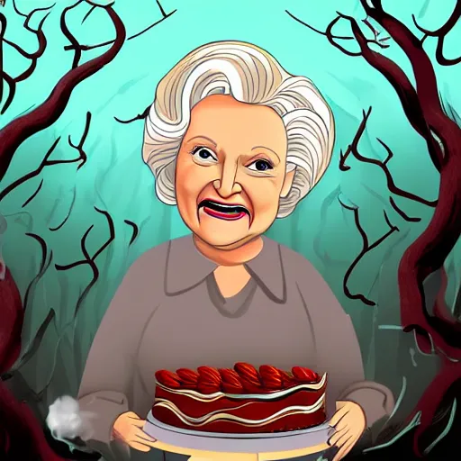 Prompt: betty white baking a cake horror atmospheric fog eldritch nightmare ancient forest vines