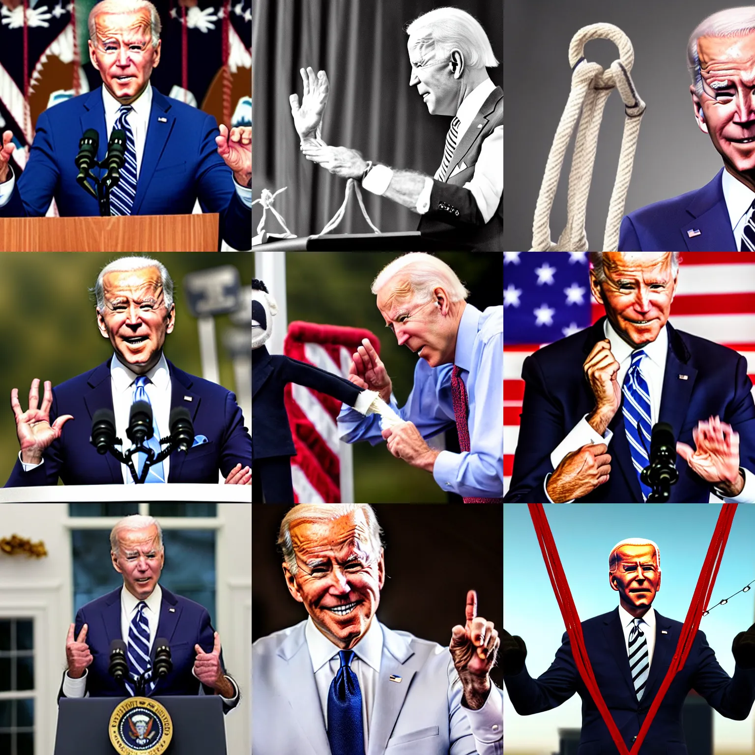 Prompt: puppet president joe biden with ropes attached to his hands like a puppet