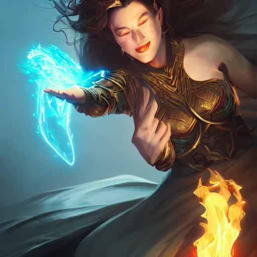 Prompt: a freezing sorceress throwing a fire spell, digital painting by thomas karpi artgerm and feng zhu, concept art, surreal, octane rendered, intricate, detailed