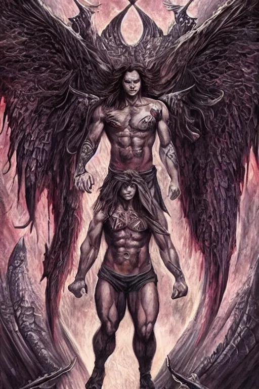 Prompt: Sam Winchester as a muscular angel with demon wings wide open, whole body tattooed with runes and satanic symbols, urban fantasy romance book cover, D&D!, fantasy style, sharp focus!, ultra detailed, art by Artgerm and Peter Andrew Jones, WLUP