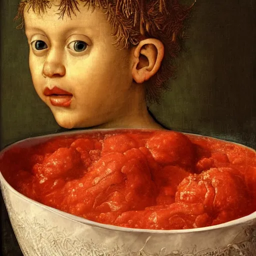 Image similar to a boy sitting in a tub full of tomato sauce, a lot of cabbage, by giuseppe arcimboldo and ambrosius benson, renaissance, portrait, fruit, intricate and intense oil paint, realistic, award - winning