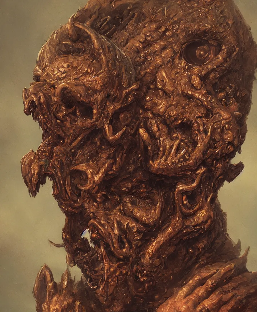 Prompt: bust portrait close up devil with skull on hand, illustrated by Simon Stålenhag and Gaston Bussiere, intricate, ultra detailed, photorealistic, trending on artstation