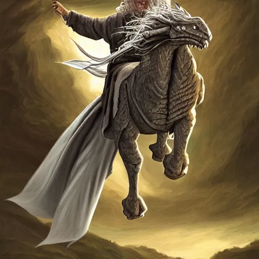 Image similar to gandalf riding a dragon, highly detailed, digital art