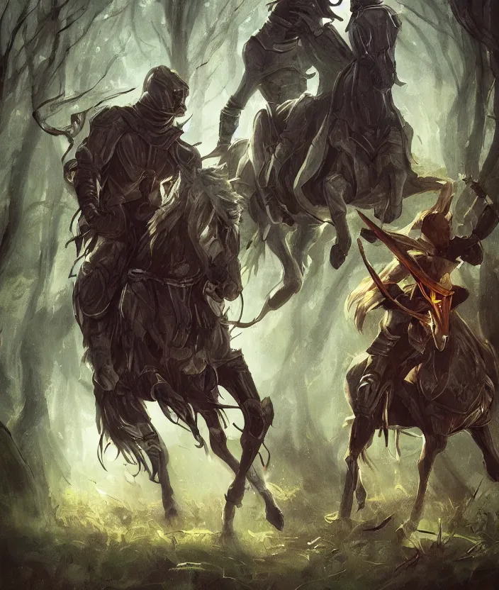 Prompt: a hero against the grain who wields his sword against a monstrous black rider of death in a fantastic woodland setting by finnstark anato