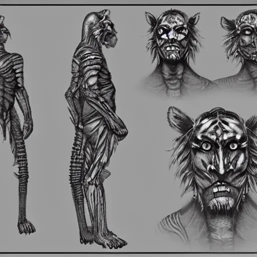 Image similar to Tiger man inspired by HR Giger, Character reference Sheet