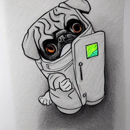 Image similar to gif, high - resolution, pencil art, colorized, extra - detailed, pug astronaut, opening door, in space that leads into the universe