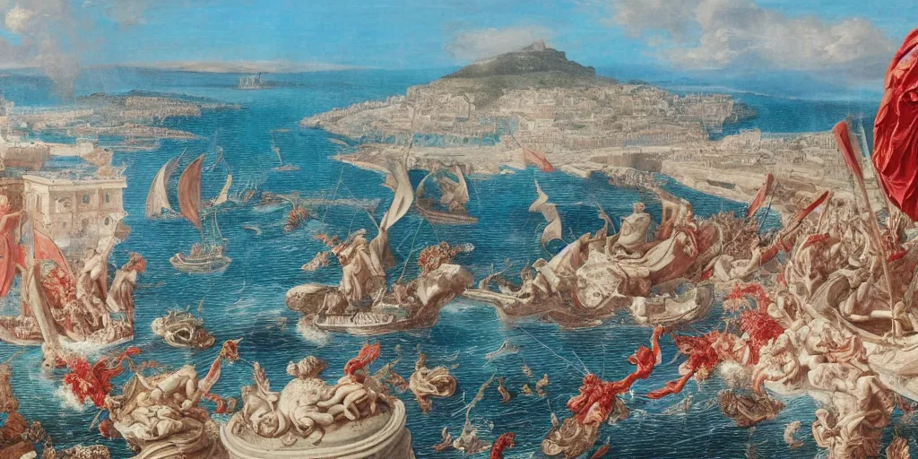 Prompt: rateo, tilt shift, gulf, gulf of Naples, Pompeian, Athene, whale, narval, poseidon, naval battle, italian masterpiece, wind, sky in background, wind rose, Ashford Black Marble, sculpture, baroque, draped with red Hibiscus and vines and spines, puffy clouds, suns, moons, drapes, armour, medieval globe, glass, portrait, siren, lion, chariot, nautilus, pinecone, render, artstation, ultra detailed