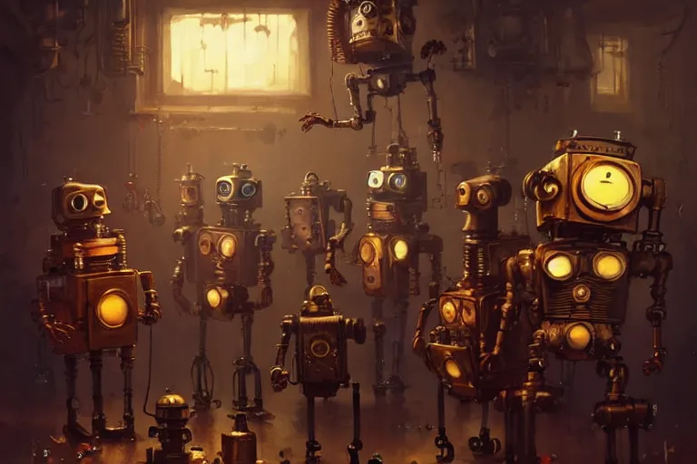 Image similar to steampunk robots dancing by otto dix and greg rutkowski and andreas rocha, cinematic lighting, highly detailed, warm colours, 4 k