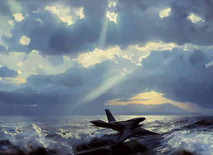 oil painting of fighter jet roaming the ocean in dawn | Stable ...