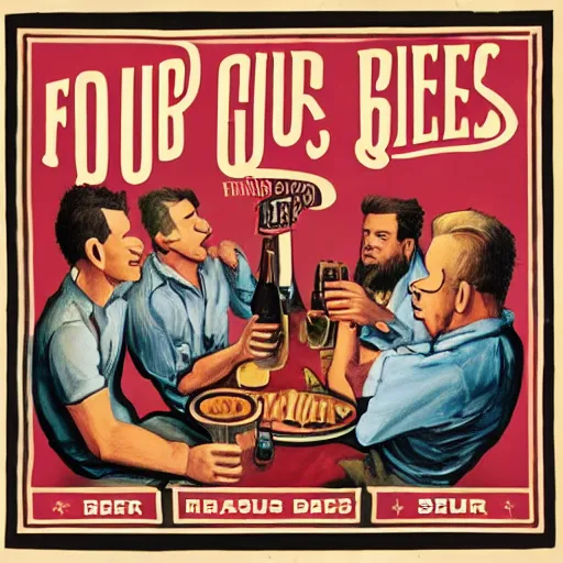 Image similar to album art cover of four guys barbecue and drinking beer