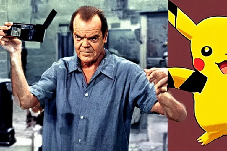 Prompt: Jack Nicholson plays Pikachu Terminator, action scene where he shoots from his gameboy