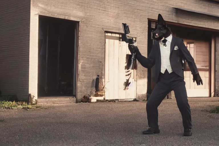 Prompt: film still of the main character furry anthro anthropomorphic german shepard head animal person fursona wearing clothes a suit and tie standing holding a pistol in the garage scene in an action movie posing for the camera 2020, 4k