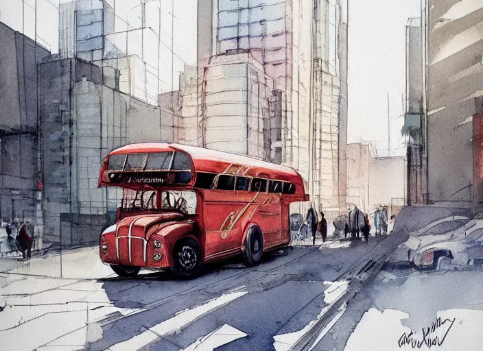 Image similar to concept art of a urban bus, pinterest, artstation trending, behance, watercolor, by coby whitmore, silver, laser light,