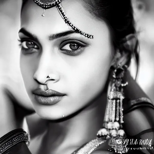 Image similar to waist up portrait photography of indian beauty who have the nose of angelina jolie, lips of megan fox and the eyes of rihanna, award winning photography by leonardo espina, black and white, old style photography, photo pose