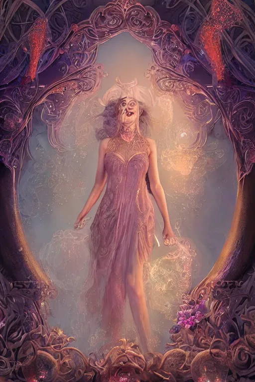 Image similar to elaborately hyperdetailed illustration of an extremely beautiful regal witch, eerie mist and ethereal pink bubbles, Aetherpunk, atmospheric lighting, high fantasy professionally painted digital art painting, smooth, sharp focus, highly detailed illustration highlights, backlight, golden ratio, 8K detail post-processing, symmetrical facial features, rich deep moody colors, award winning picture, Daily Deviation on DeviantArt, trending on cgsociety, featured on ArtstationHQ, very coherent symmetrical artwork, concept art