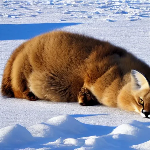 Prompt: photo still of drunk sleepy fat caracal, lying on ice, big stomach, sunny winter day