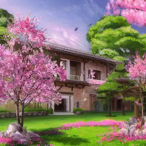 Prompt: a concept art of a villa full of beautifull sakura flowers